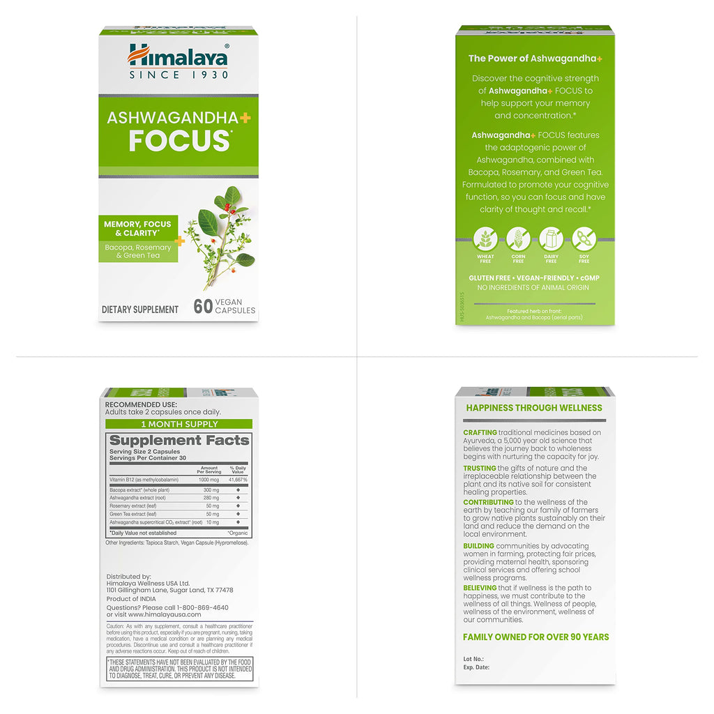 Himalaya Ashwagandha+ Focus - Herbal Focus Supplement with B12, Rosemary, Green Tea, and Bacopa Nootropics for Memory and Clarity - Vegan, Non-GMO, Gluten Free, 1690 mg, 60 Caplets Himalaya Au supplements