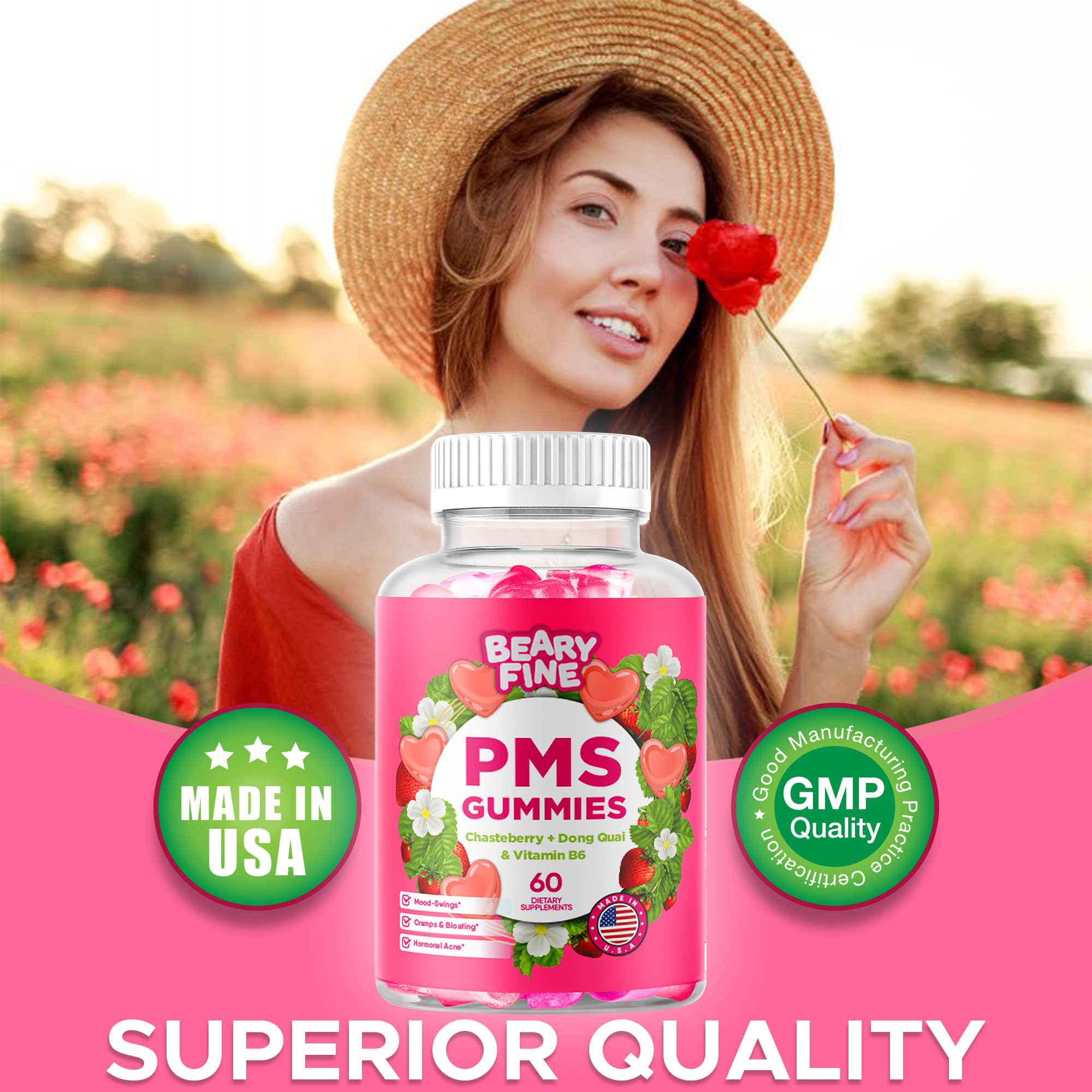 Beary Fine PMS Gummies - PMS Vitamins for Women & Teens - PMS Period Relief - Cramping, Bloating, Mood Swings - Made in The USA (Strawberry, 60 Count) Beary Fine Au supplements