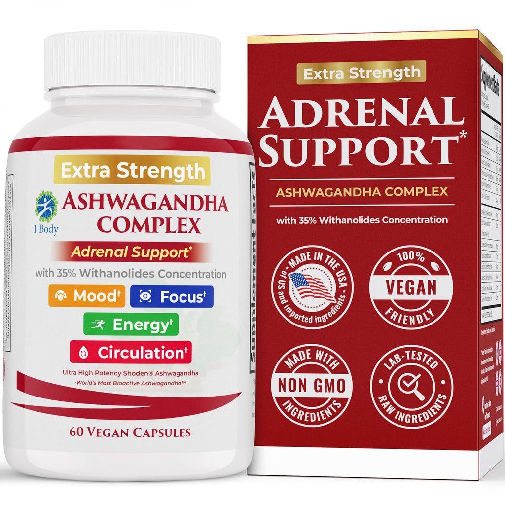 Ashwagandha Complex Adrenal Support Supplement for Stress Relief, Cortisol Balance, Energy & Focus, Mood Support, 35% Withanolides, 60 Vegan Capsules 1 Body Au supplements
