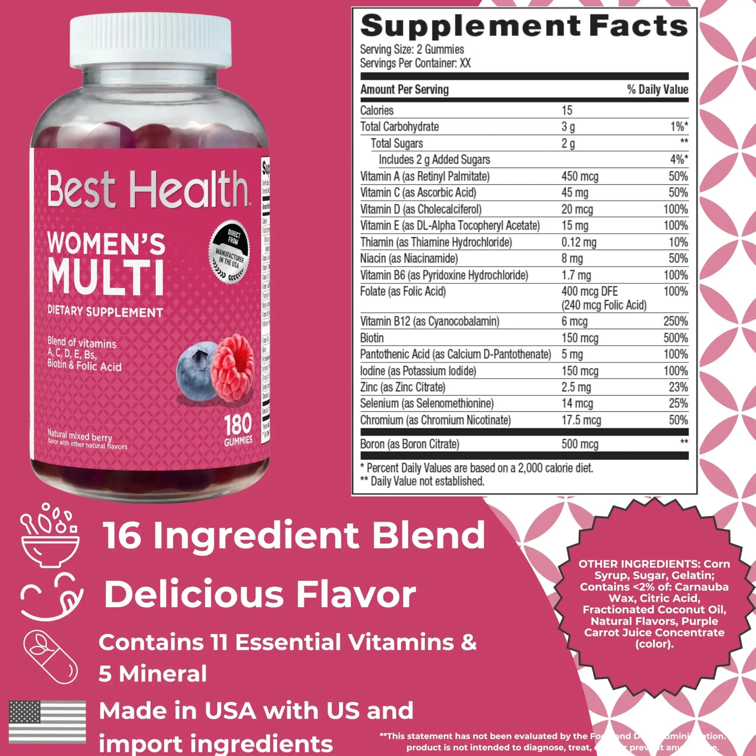 Best Health Women’s Multivitamin Gummies, Multivitamin for Women with Biotin, Folic Acid, Vitamins A,C,D,E,Natural Mixed Berry Flavor (180ct) Best Health Au supplements
