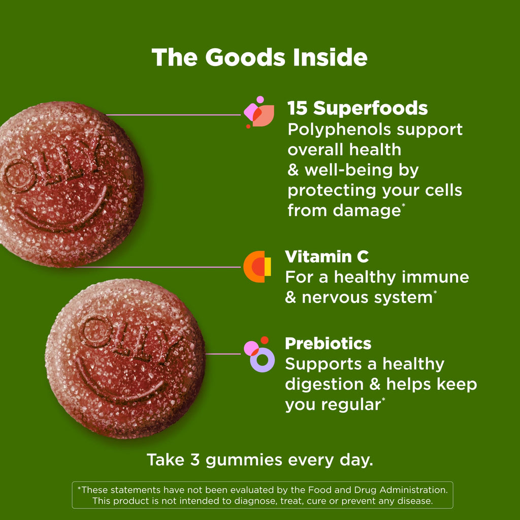 OLLY Supergood Superfoods Gummies, Supports Immune System & Digestive Health,* 15 Superfoods, Prebiotics, Vitamin C, Tropical Bliss Flavor