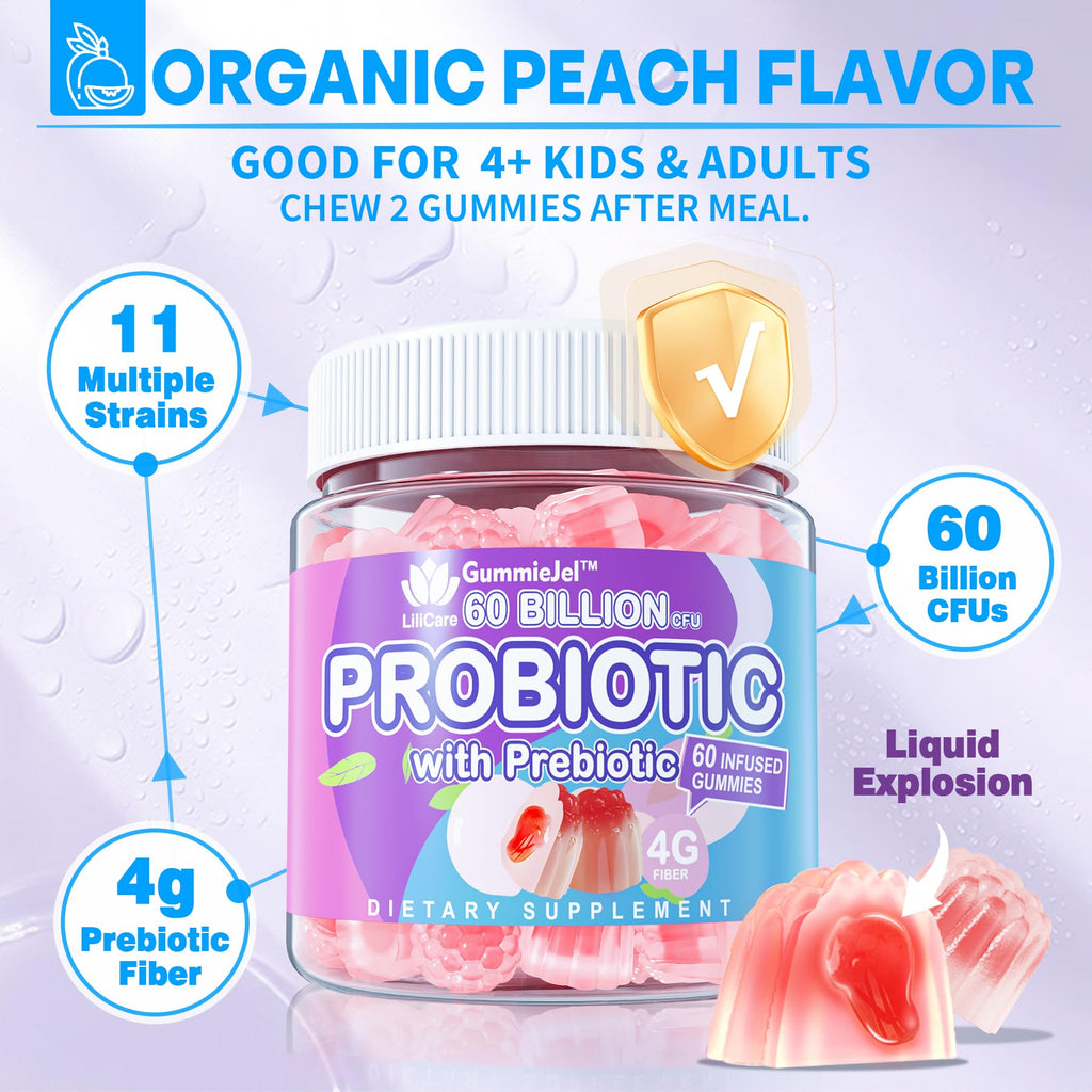 Probiotic Gummies 60 Billion CFU for Women Men & Kids, 11 Strains Probiotics + Organic Prebiotics Fiber for Immune, Digestive Health, Supports Constipation,