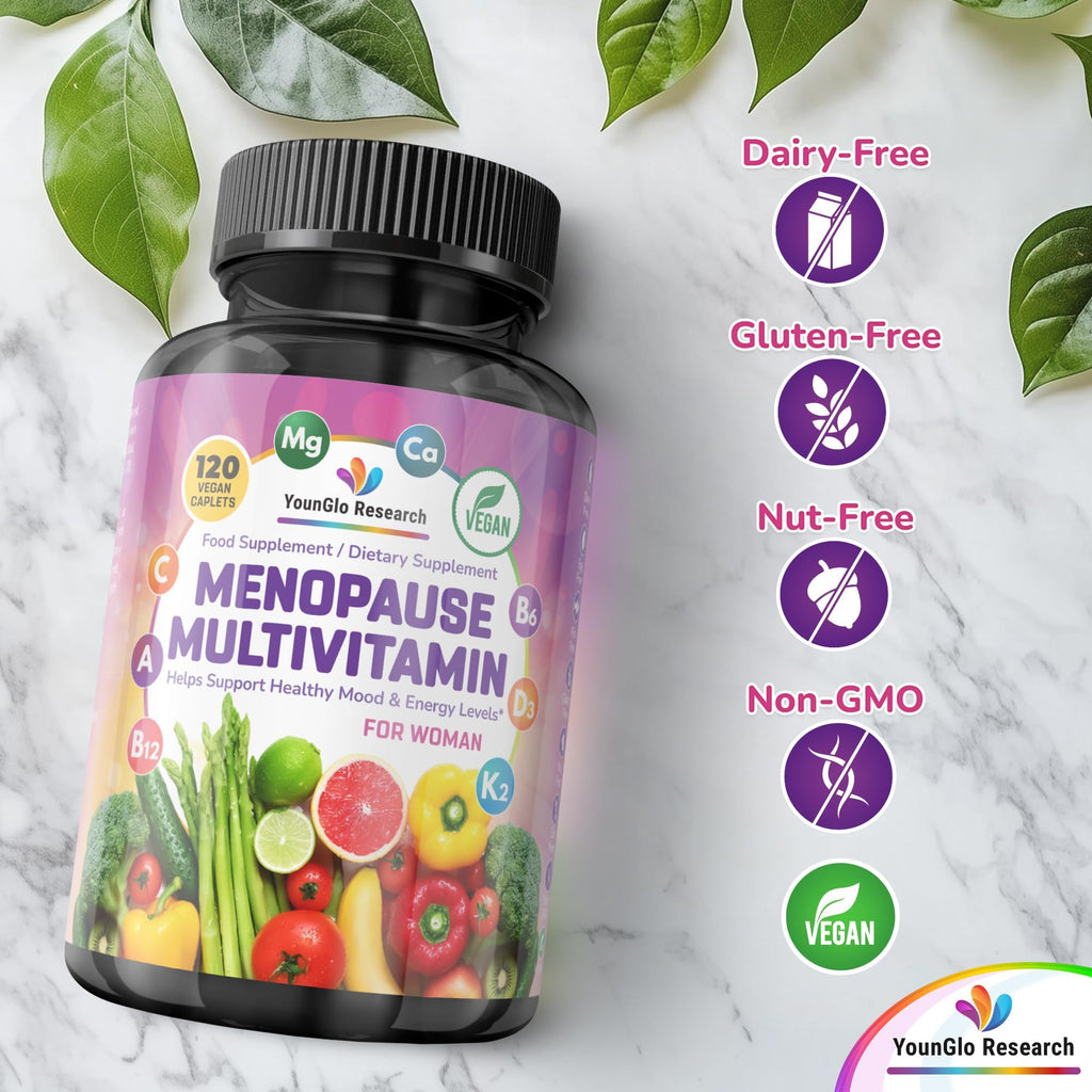 YounGlo Research Menopause Supplement - 120 Vegan Caplets - Menopause & Perimenopause Relief Support - Food and Dietary Vitamins - Multivitamin for Women YounGlo Research Au supplements