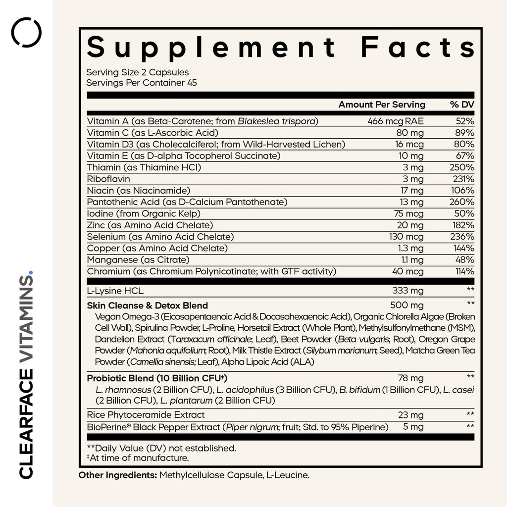 Codeage Clearface Pantothenic Acid, Niacin Supplement, Vitamins A, C, D3, E, Probiotics, Zinc, Riboflavin, Thiamin, L-Lysine HCL & Omega-3, Niacinamide, Skin Botanical Blend - Non-GMO - 90 Capsules Codeage Au supplements