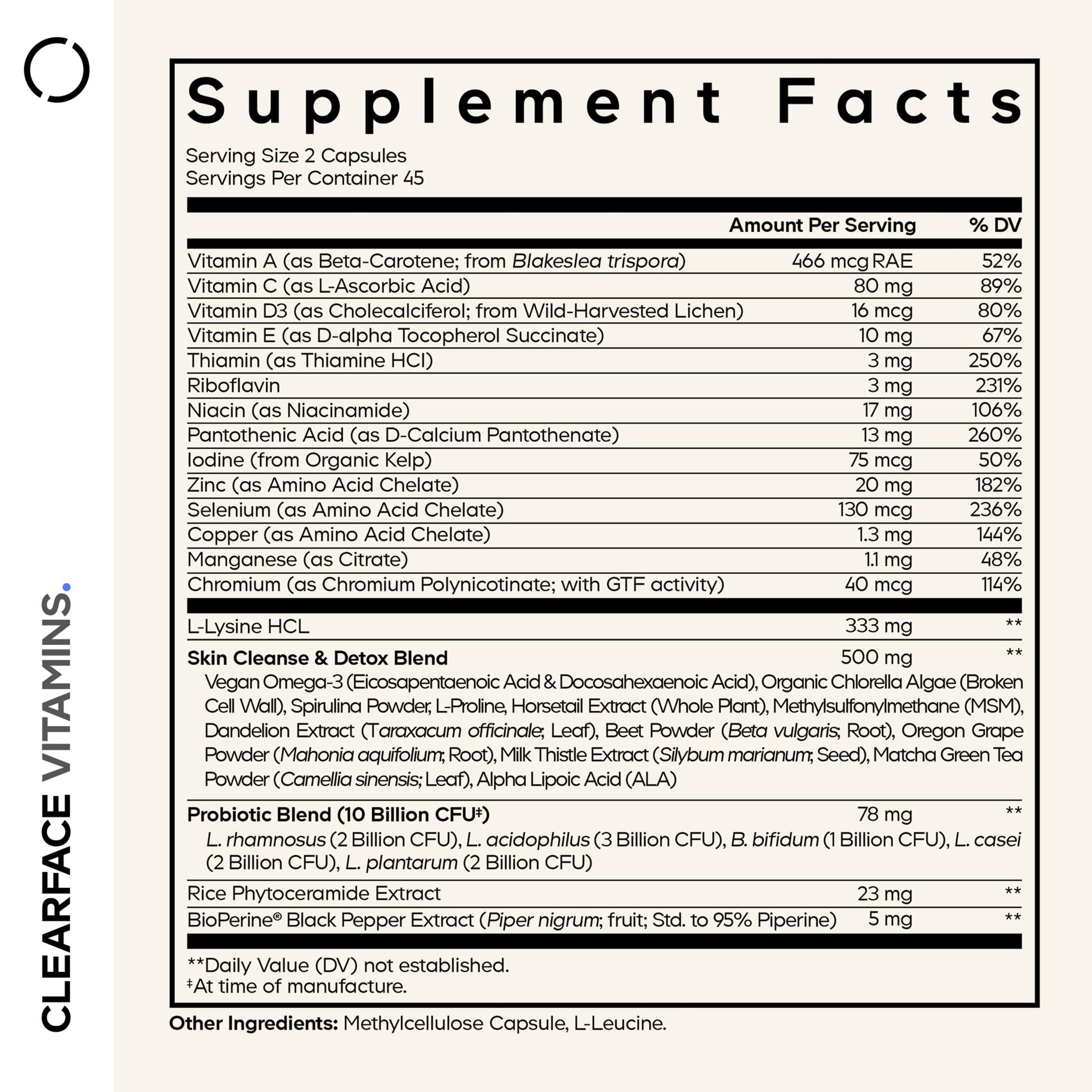 Codeage Clearface Pantothenic Acid, Niacin Supplement, Vitamins A, C, D3, E, Probiotics, Zinc, Riboflavin, Thiamin, L-Lysine HCL & Omega-3, Niacinamide, Skin Botanical Blend - Non-GMO - 90 Capsules Codeage Au supplements