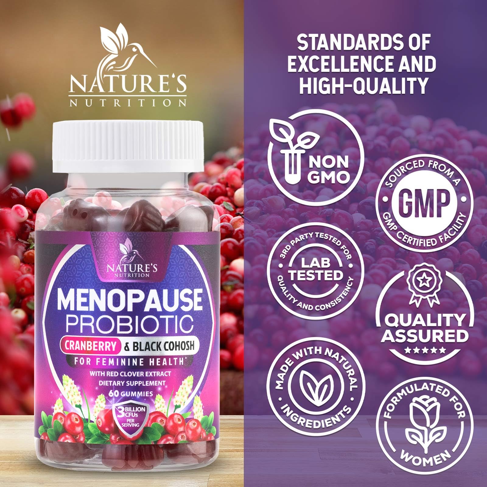 Menopause Supplement Gummies - 3 Billion CFU Women's Probiotics - Advanced Menopause Relief Formula for Women with Black Cohosh & Red Clover - Mild Hot Flashes & Night Sweats Support - 60 Gummies Nature's Nutrition Au supplements