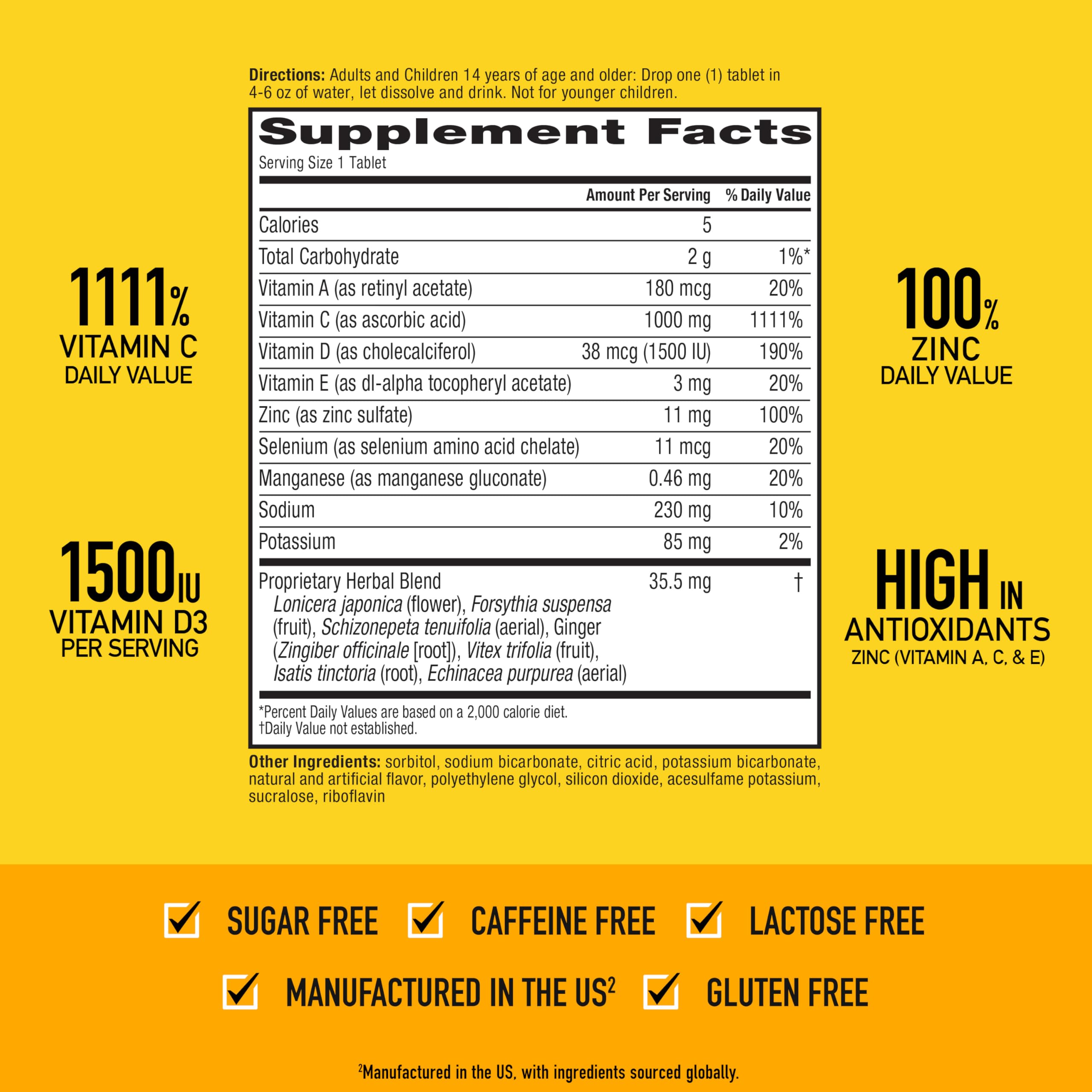 Airborne 1000mg Vitamin C with Vitamin D & Zinc, Sugar Free Multivitamin Immune Support Supplement, Antioxidants Vitamins A C & Vitamin E