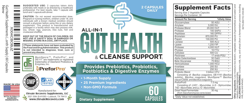 Gut Health Support Supplement (25-in-1) with Prebiotics, Probiotics, Postbiotics & Digestive Enzymes | Gut Supplements | 60 Capsules Elevate Recovery Supplements Au supplements