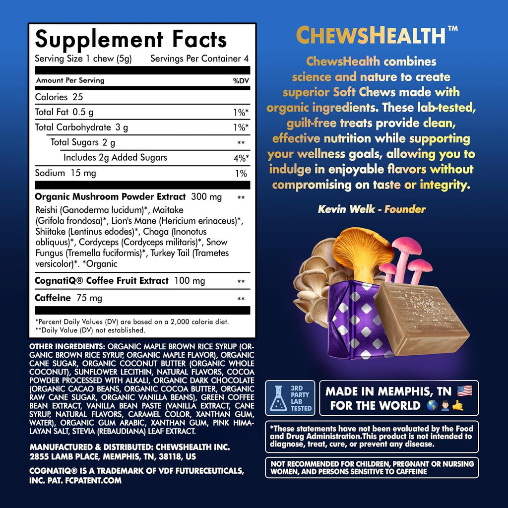 DynaMind iQ Brain Supplement for Memory and Focus for Adults - Nootropic Chews | Coffee Fruit & Mushroom Supplement Blend, Memory Focus Supplement, Caffeine Focus Pills Alternative, 4 Count CHEWSHEALTH Au supplements