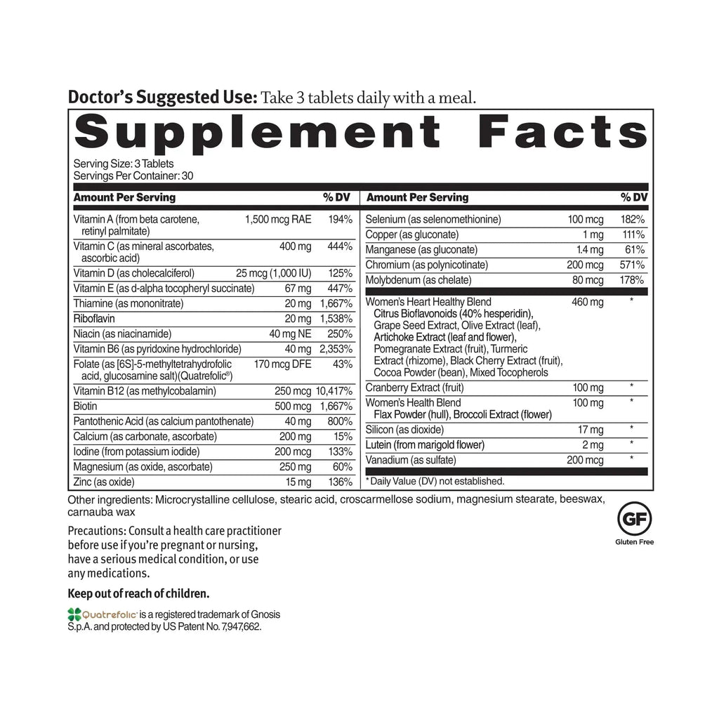 Dr. Sinatra Heart Healthy Multivitamin for Women with Vitamin D 1000 IU, A, B12, C, E, Biotin, Folate, and Zinc, 90 Tablets (30-Day Supply) Dr. Sinatra Au supplements