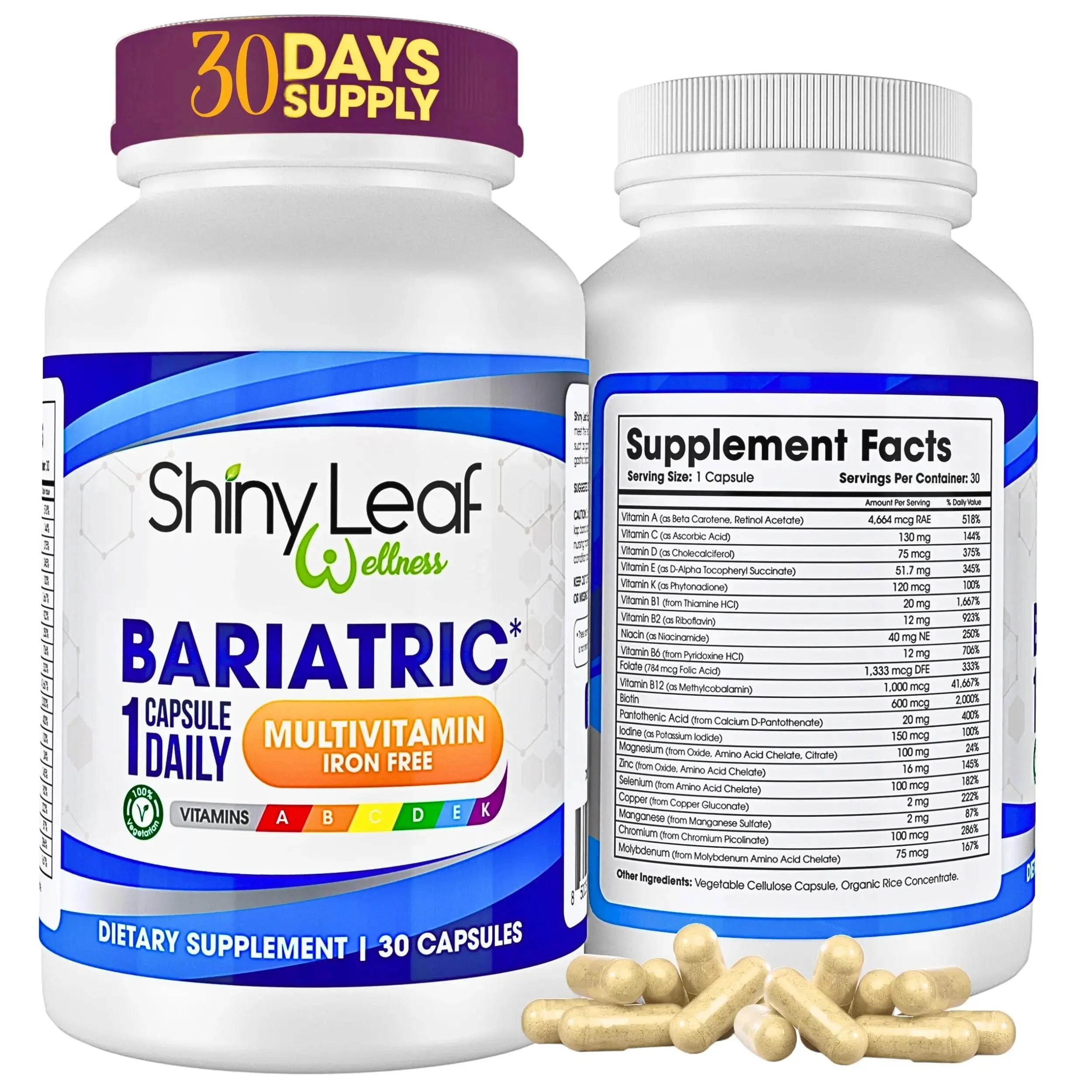 Bariatric Multivitamin Iron-Free One Capsule Per Day and CoQ10 100mg Supplement for Brain Health and Energy Management for Women and Men - 1 Month Supply Shiny Leaf Au supplements