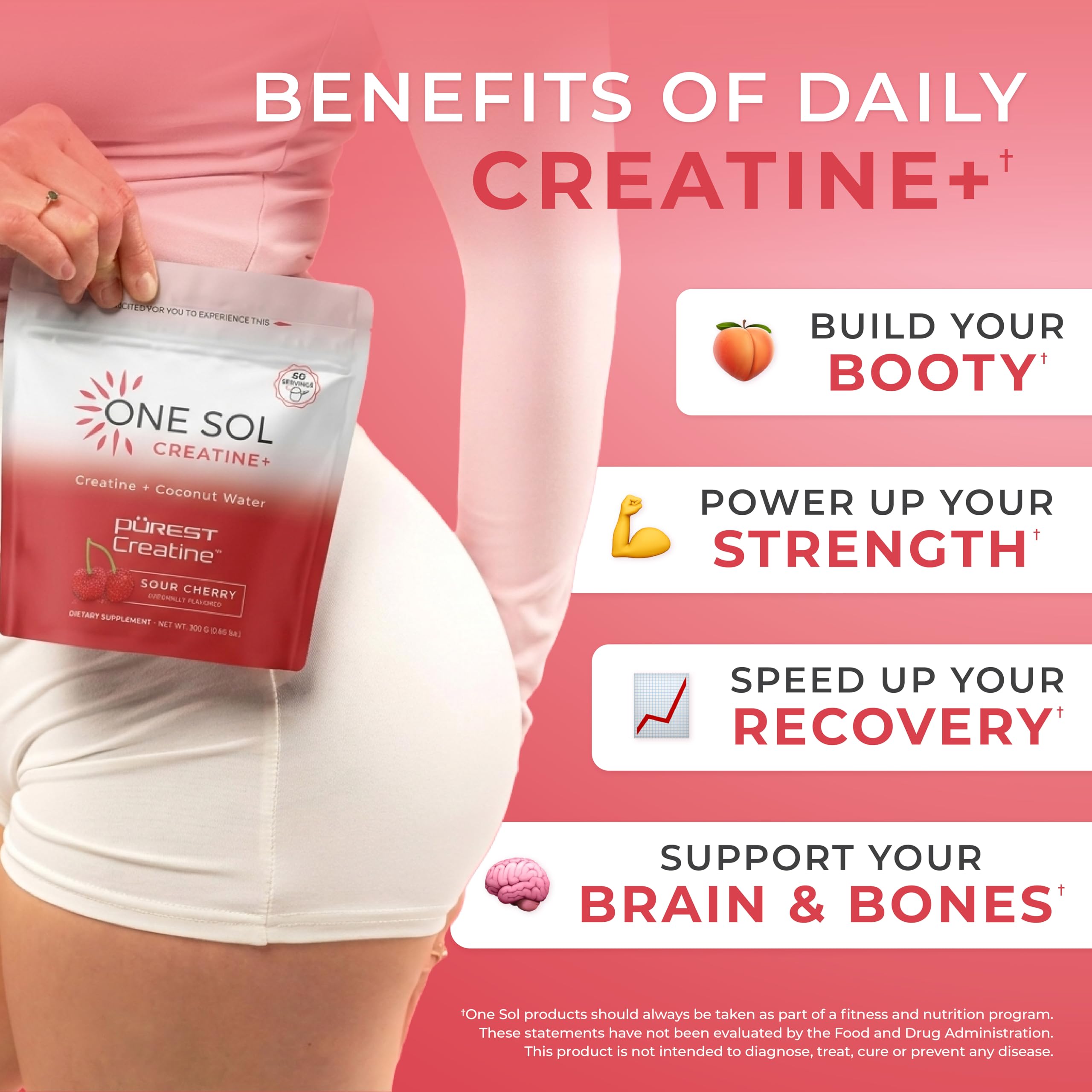 One Sol Creatine for Women, All Natural Women's Creatine Powder w Pure Creatine & Coconut Water, Increase Lean Muscle Mass, Reduce Recovery Time, Promote Brain & Bone Health (Sour Cherry, 60 Servings)