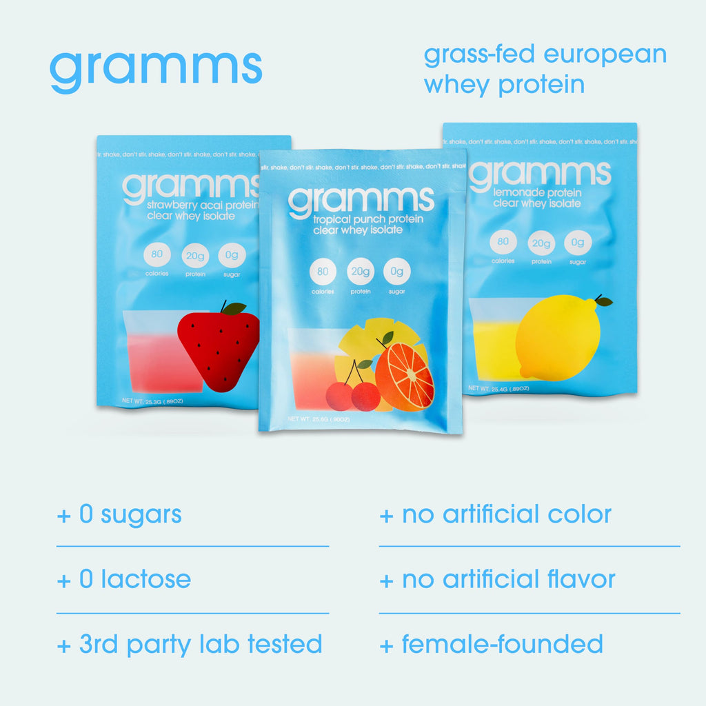 GRAMMS Clear Protein Powder Packets 20G Protein Sample Packets Variety Flavors for Women & Men | Lactose Free, Grass-Fed Whey Isolate, Gluten Free, Zero Sugar, Gut Friendly, Non-Bloating(9 Pack)
