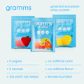 GRAMMS Clear Protein Powder Packets 20G Protein Sample Packets Variety Flavors for Women & Men | Lactose Free, Grass-Fed Whey Isolate, Gluten Free, Zero Sugar, Gut Friendly, Non-Bloating(9 Pack)