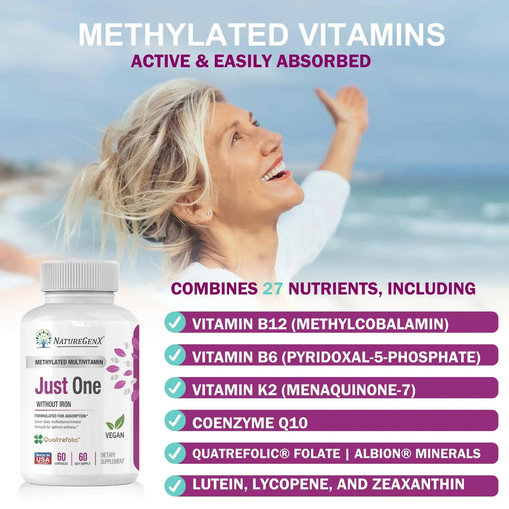 NatureGenX Just One Daily Methylated Multivitamin - 60 Caps Pure Methyl B12, Methylfolate MTHFR Support Supplement Iron Free Methylated Vitamins NatureGenX Au supplements