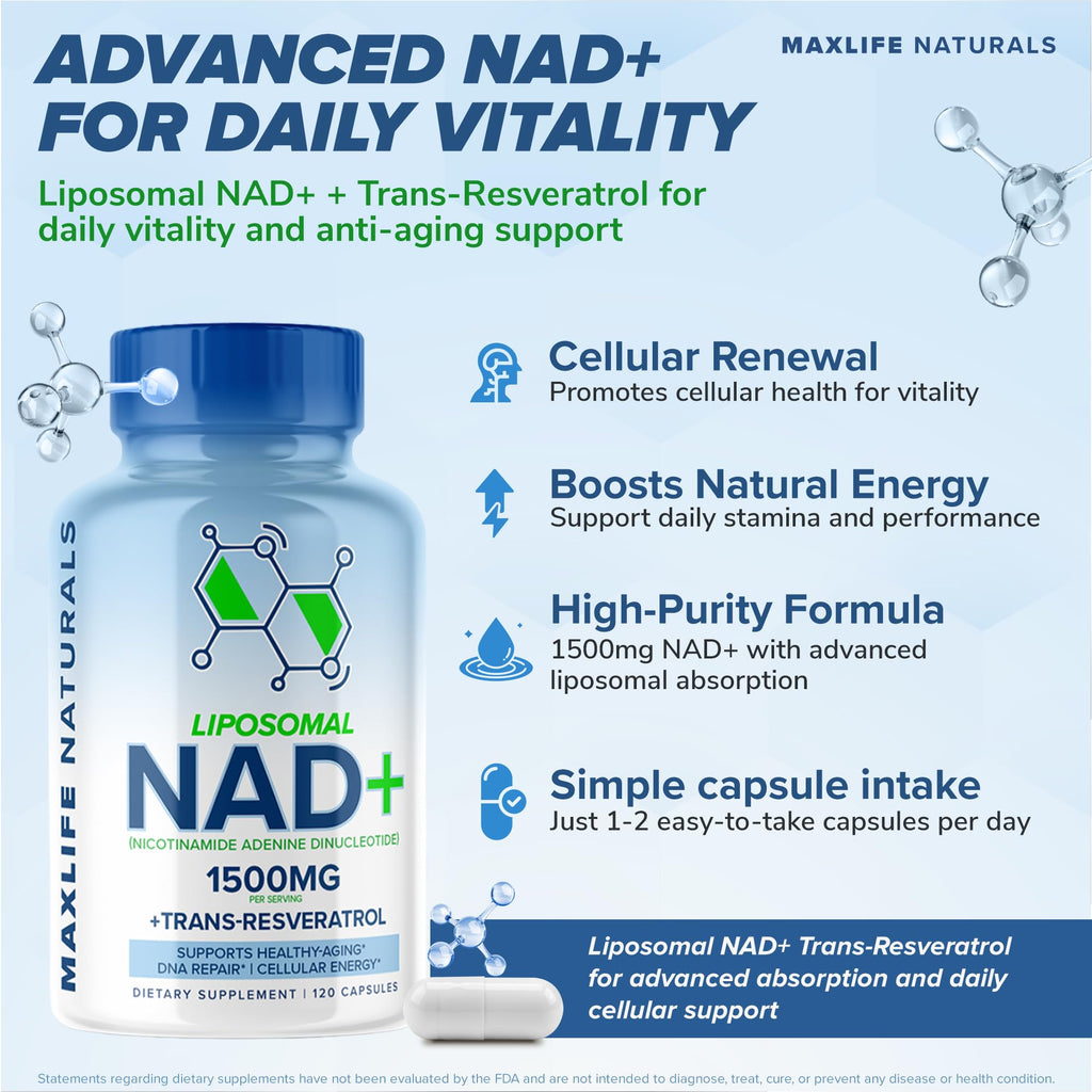 Liposomal NAD+ Trans-Resveratrol Supplement 1500mg - 120 Capsules - Liposomal NAD Supplements for Women and Men, High Purity-NAD Cell Regenerator, Cognitive & Anti Aging Supplement for Women & Men MAXLIFE NATURALS Au supplements