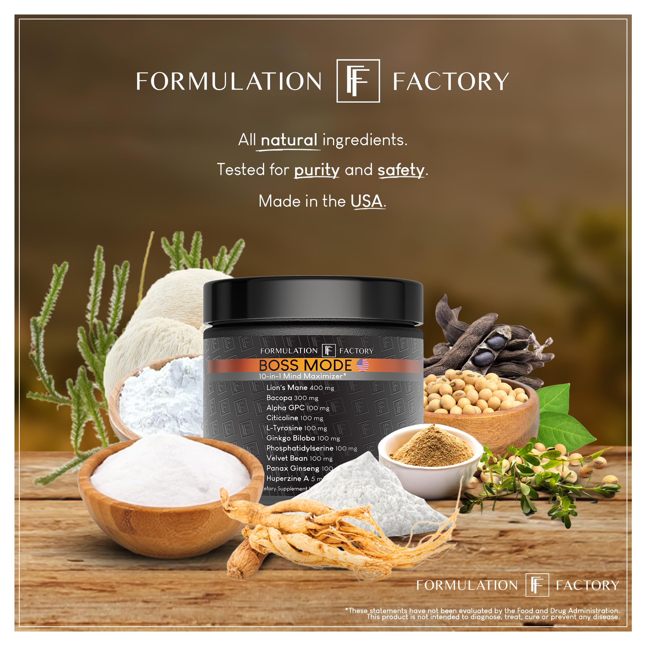 Formulation Factory BOSS Mode 10-in-1 Nootropic Complex with Lion's Mane, Alpha-GPC, Bacopa Monnieri, Ginkgo Biloba, Rhodiola,