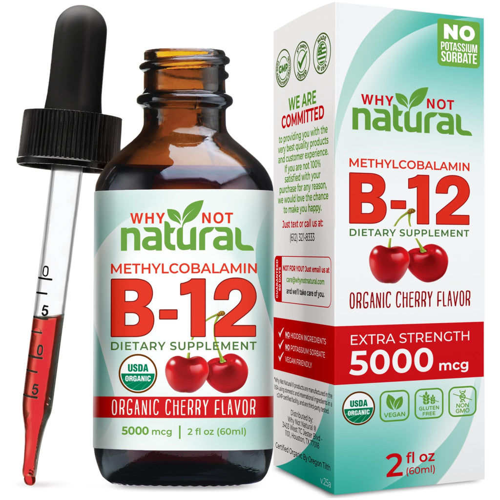 Why Not Natural Organic Vitamin B12 Liquid - Sublingual Extra Strength 60 x 5000 mcg Methylcobalamin Drops, Vegan,