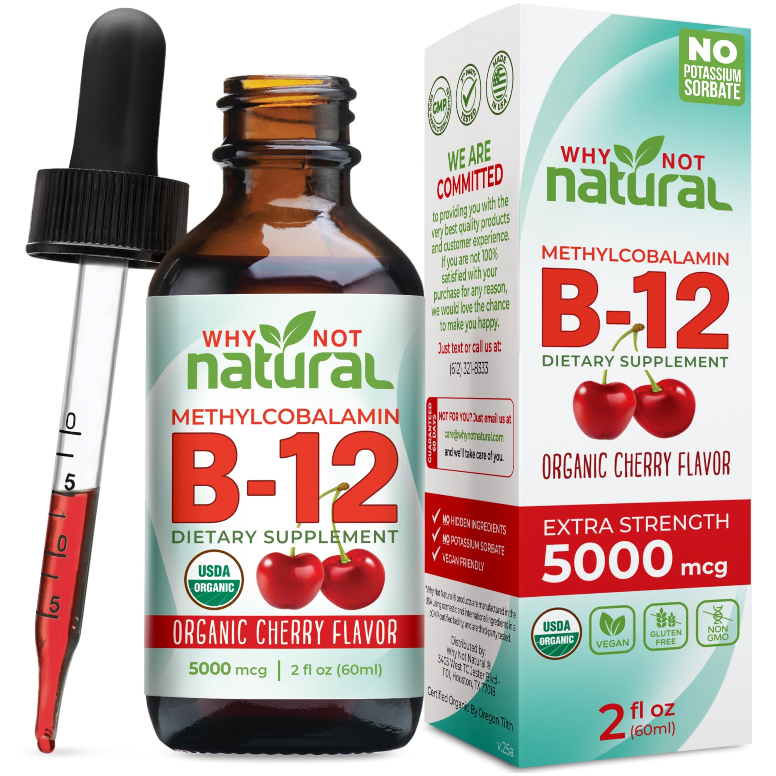 Why Not Natural Organic Vitamin B12 Liquid - Sublingual Extra Strength 60 x 5000 mcg Methylcobalamin Drops, Vegan,