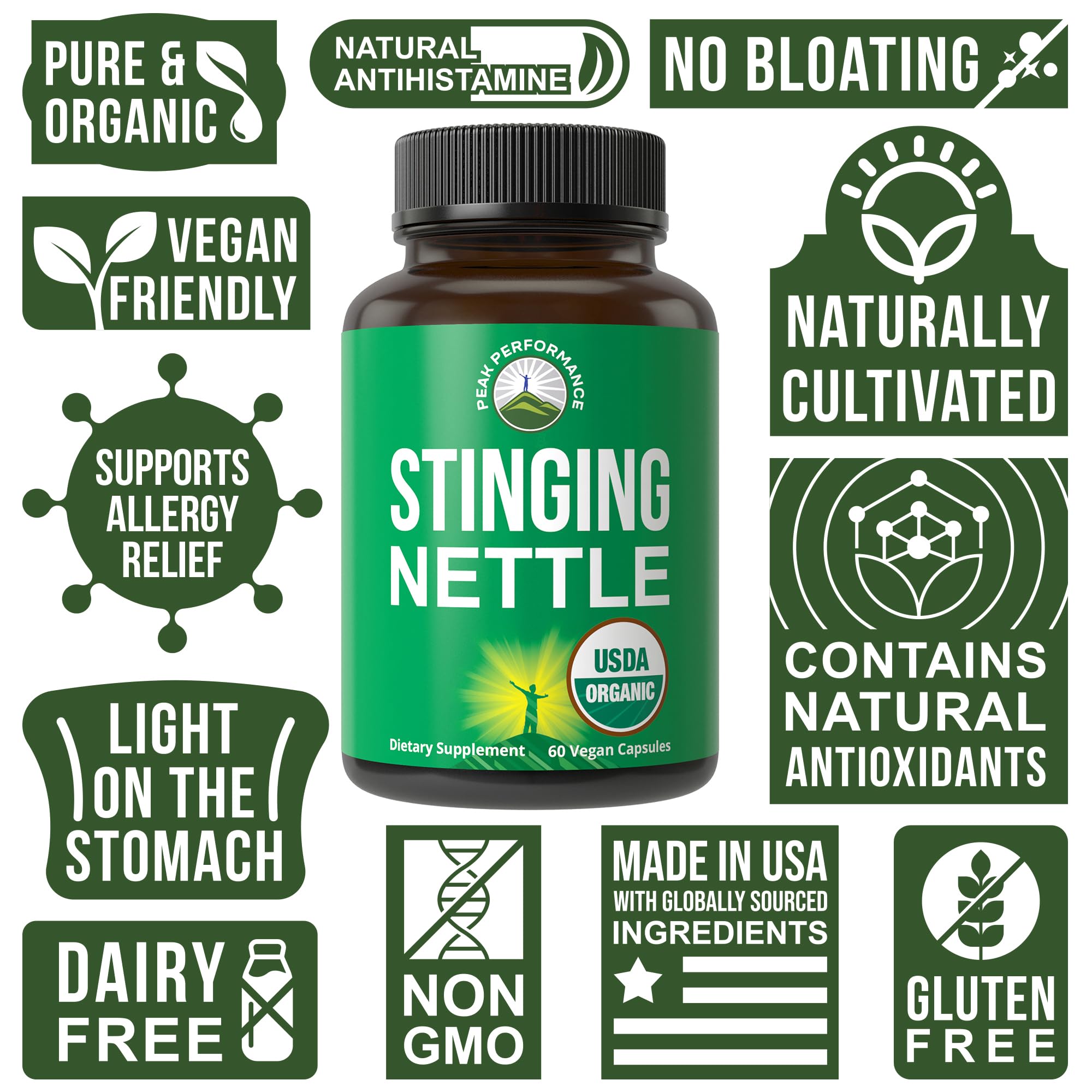 USDA Organic Stinging Nettle Vegan Capsules Made with Stinging Nettle Leaf Powder for Prostate, Hair Growth, Allergy. Better Than Root or Seed Extract. Plant Based Herb Supplement Tablets, 60 Pills Peak Performance Au supplements