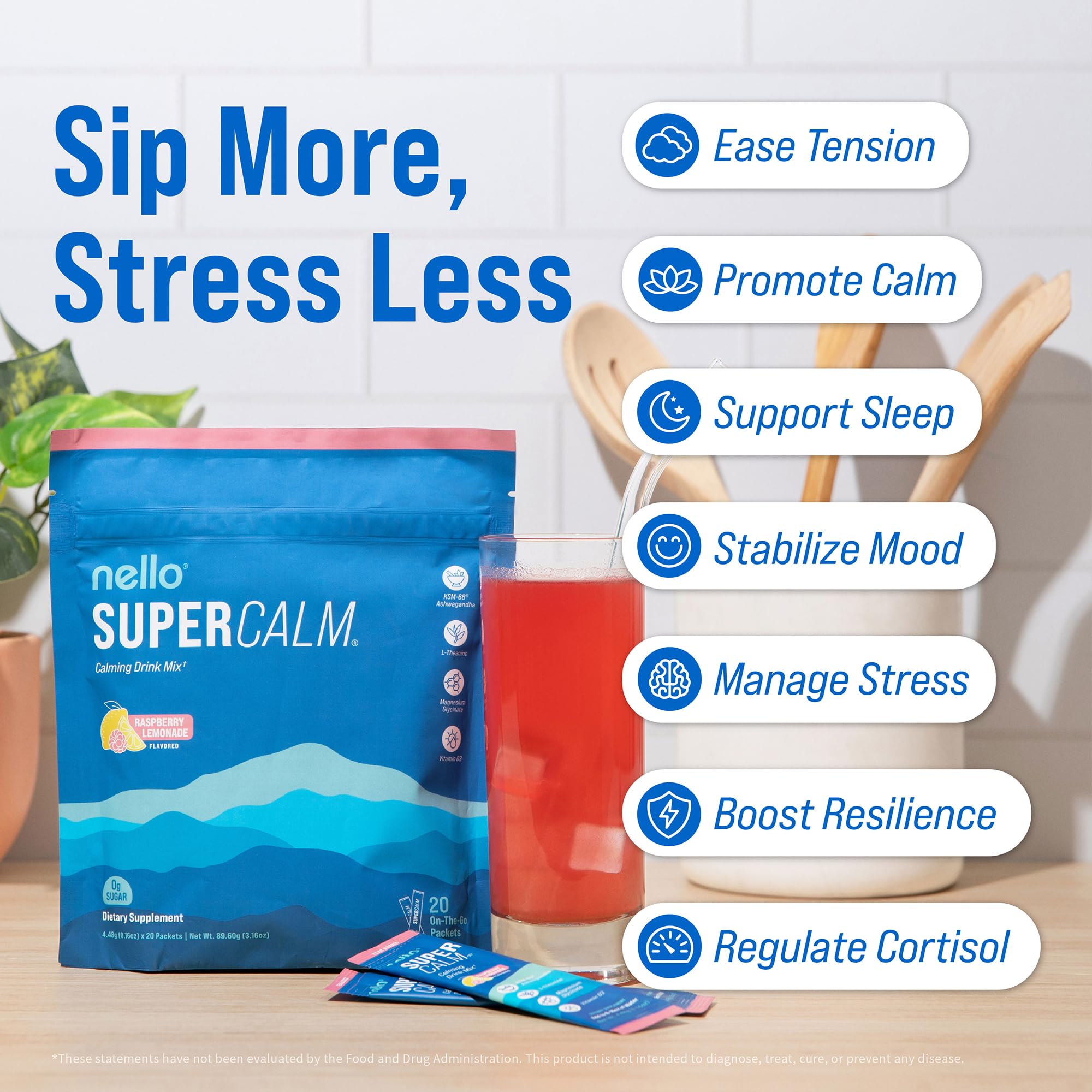 Nello Supercalm Powdered Drink Mix, Cortisol Reducer and Sleep Aid Supplement, L Theanine, Ksm-66 Ashwagandha, Magnesium Glycinate, Vitamin D 3, No Sugar, Non GMO