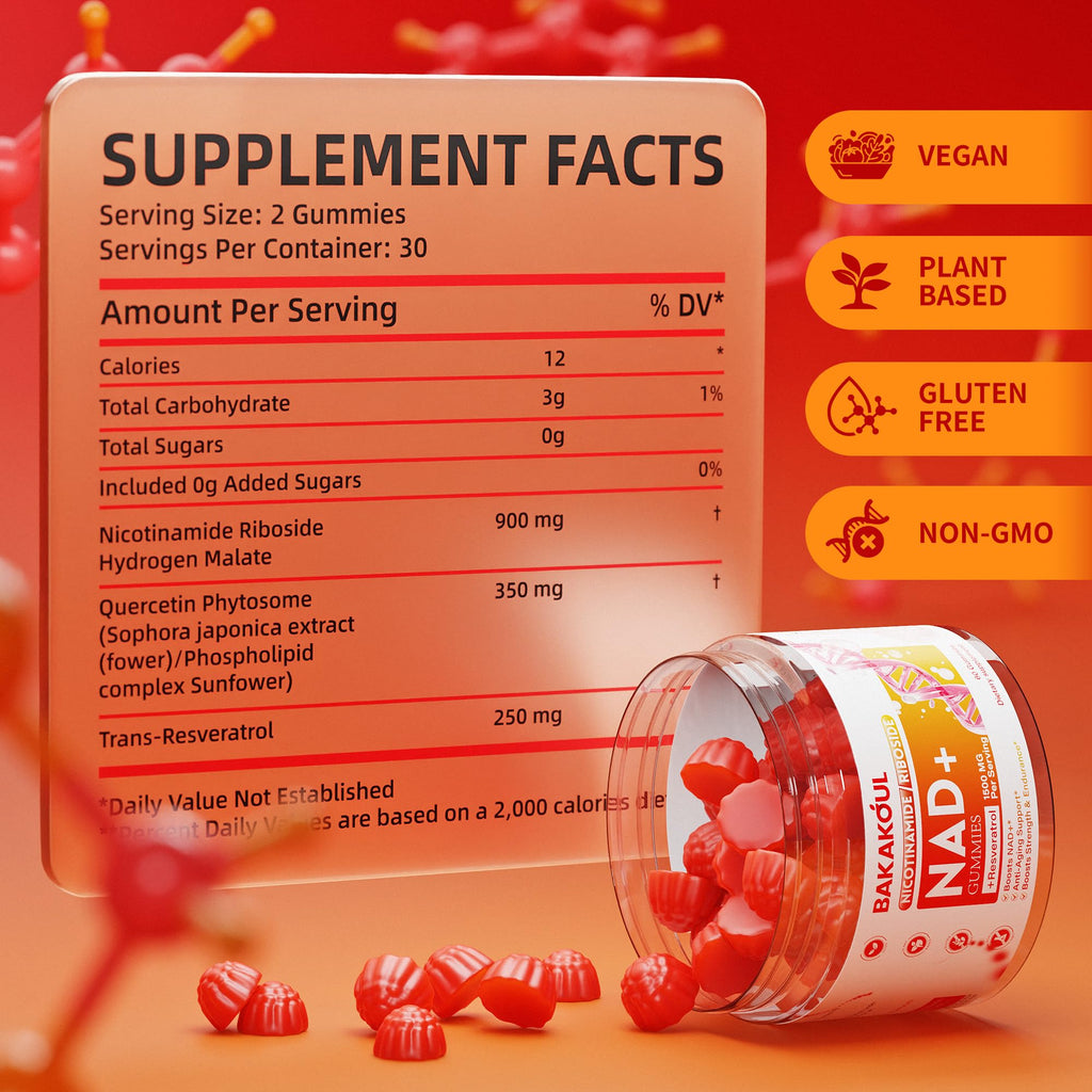 BAKAKOUL NAD Gummies, NAD Supplement - Liposomal Nicotinamide Riboside, Resveratrol, Quercetin, NAD Nicotinamide Riboside Resveratrol 900mg, NAD+ Supplement for Men and Women, 60 Gummies 1 Pack BAKAKOUL Au supplements