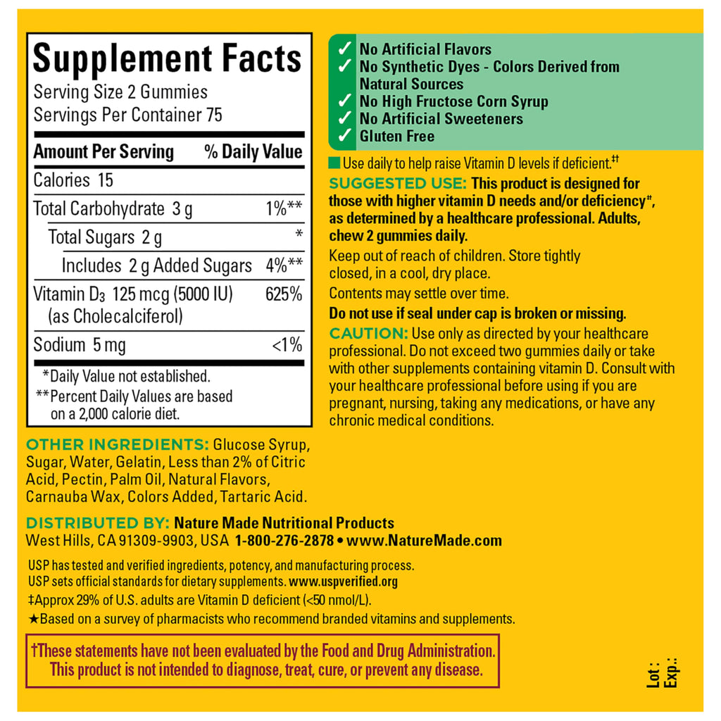 Nature Made Vitamin D3 5000 IU Per Serving Gummies Extra Strength, Bone and Immune Health Support, 150 Vitamin D Gummies for Adults, 75 Day Supply