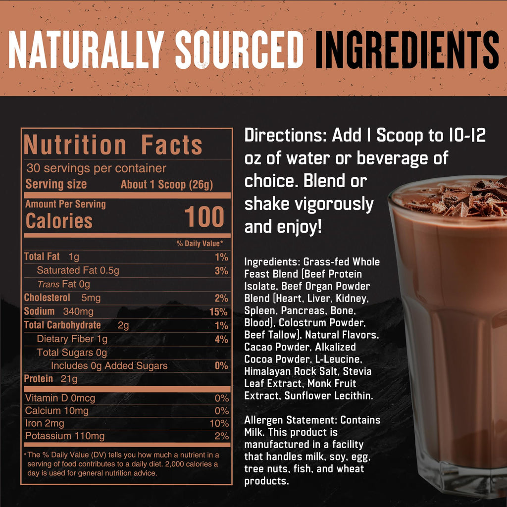 The Fittest Whole Feast Beef Protein Powder - Milk Chocolate - Grass Fed Nose to Tail Carnivore Blend Including Liver, Colostrum and Whole Bone - BCAAs - 14g Collagen, 21g Total Protein