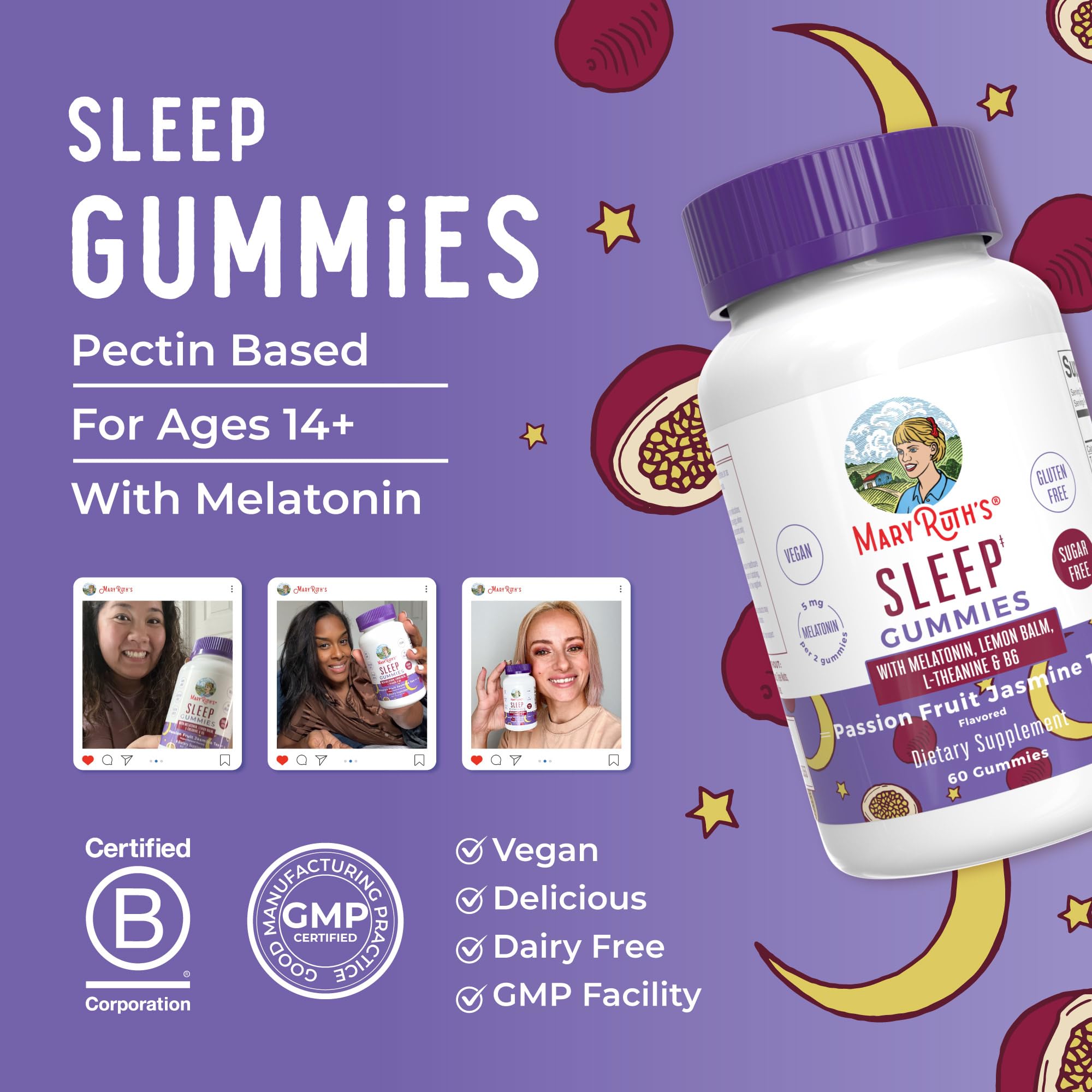 MaryRuth Organics Melatonin 5mg Sleep Gummy with L-Theanine | Lemon Balm | Vitamin B6 | Sugar-Free | Relaxation | Vegan | Non-GMO | Gluten Free | 60 Count MARYRUTH'S Au supplements