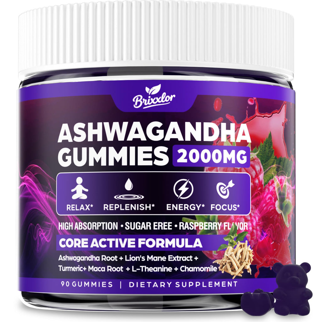 Ashwagandha Gummies - 2000MG Organic Ashwagandha & Lions Mane Gummies for Adults with Vitamin D3 B12, L-Theanine, Cortisol Supplements for Women & Men, Sugar-Free, Vegan, Berry Flavor - 90 Counts Brixxlor Au supplements