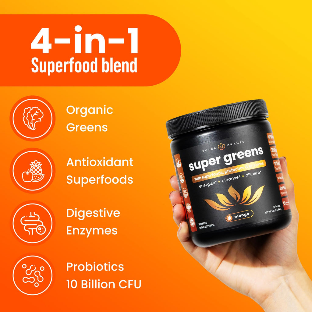 NutraChamps Super Greens Powder Premium Superfood | 20+ Organic Green Veggie Whole Foods | Wheat Grass, Spirulina, Chlorella | Antioxidant, Digestive Enzyme