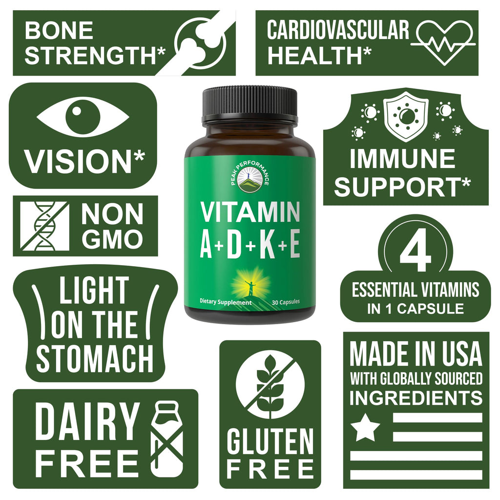 Peak Performance Vitamins D 5,000 iu + A + K + E All in 1 Easy to Swallow Vegan Capsule. ADK Vitamin Supplement with E D3 K2. Essential Vitamins for Mood