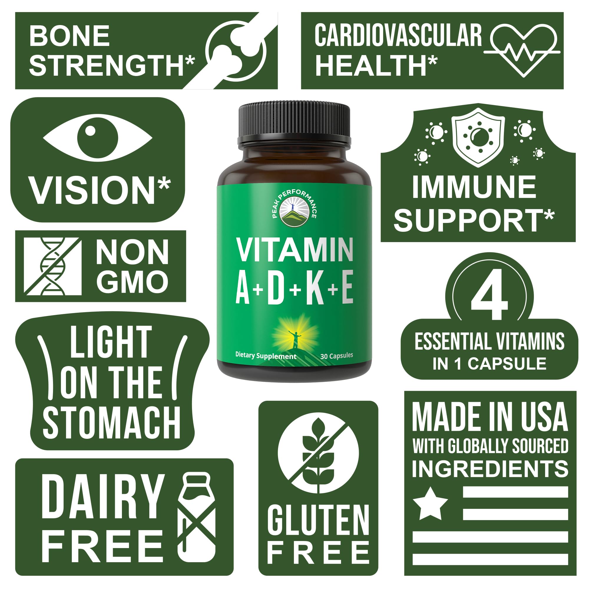 Peak Performance Vitamins D 5,000 iu + A + K + E All in 1 Easy to Swallow Vegan Capsule. ADK Vitamin Supplement with E D3 K2. Essential Vitamins for Mood