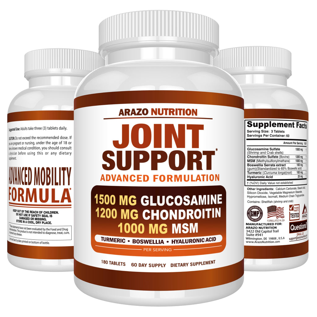 Arazo Nutrition Glucosamine Chondroitin Turmeric Msm Boswellia - Joint Support Supplement for Relief 180 Tablets for Bones, Back,