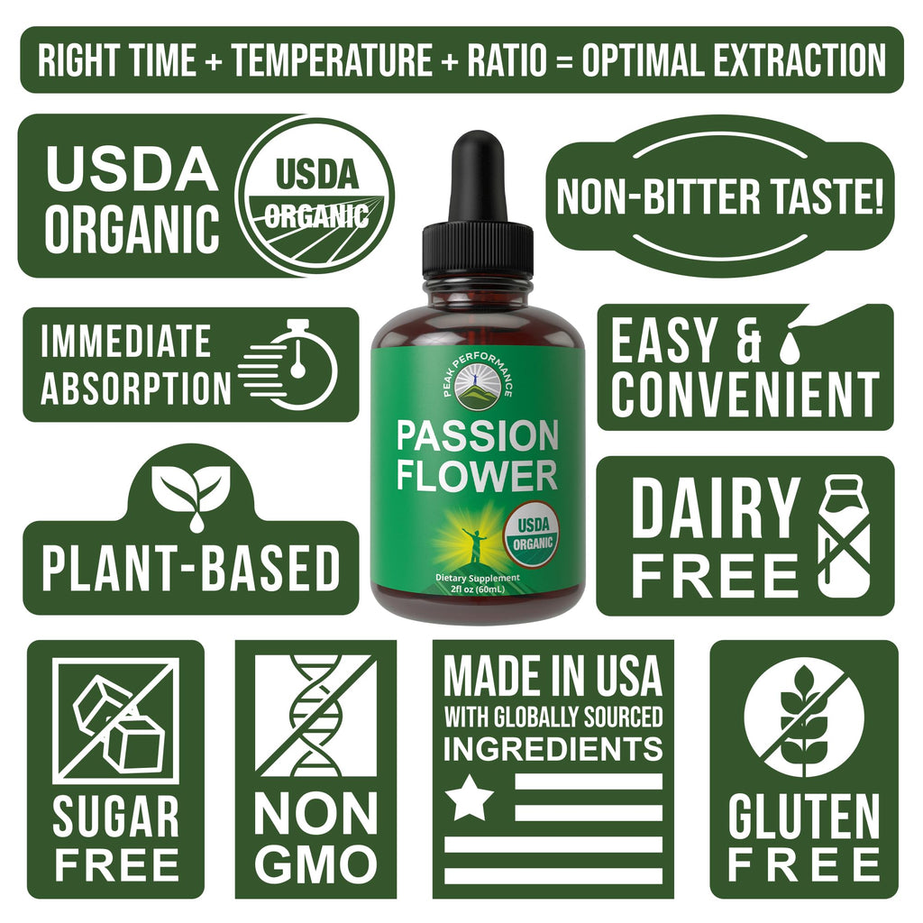 USDA Organic Passion Flower Extract Vegan Liquid Drops with High Bioavailability for Women and Men. Organic Passionflower Supplement with Zero Sugar and Gluten Free. for Calm, Relaxation Support. Peak Performance Au supplements