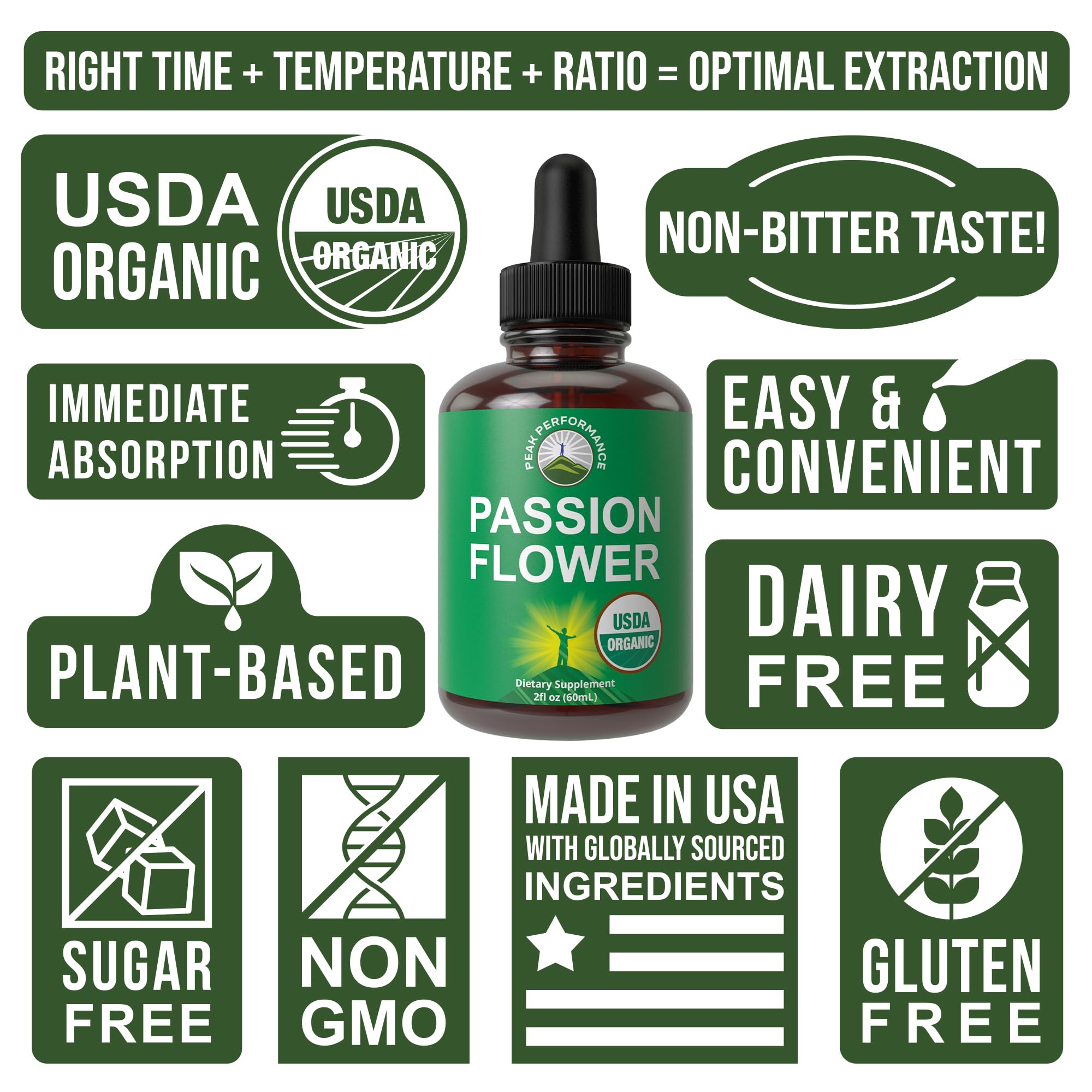 USDA Organic Passion Flower Extract Vegan Liquid Drops with High Bioavailability for Women and Men. Organic Passionflower Supplement with Zero Sugar and Gluten Free. for Calm, Relaxation Support. Peak Performance Au supplements