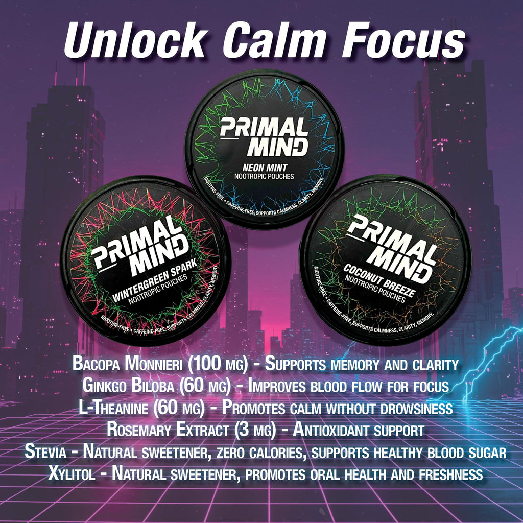 Nootropic Pouches - Primal Mind Caffeine Free Nootropics Pouches Made with Ginkgo Biloba & L-Theanine - Nicotine Free Brain Boost, No Sugar, Cognitive Support – 20 Pouches Per Can, 5 Pack (Neon Mint) Primal Prelude Au supplements