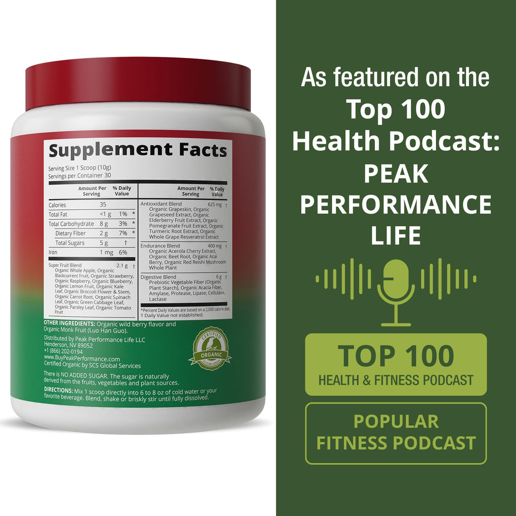 Peak Performance Organic Reds Superfood Powder, Best Tasting Organic Red Juice Super Food w/ 25+ All Natural Ingredients & Polyphenols, Vital for Max Energy and Detox. Raspberry, Elderberry, Beetroot Peak Performance Au supplements