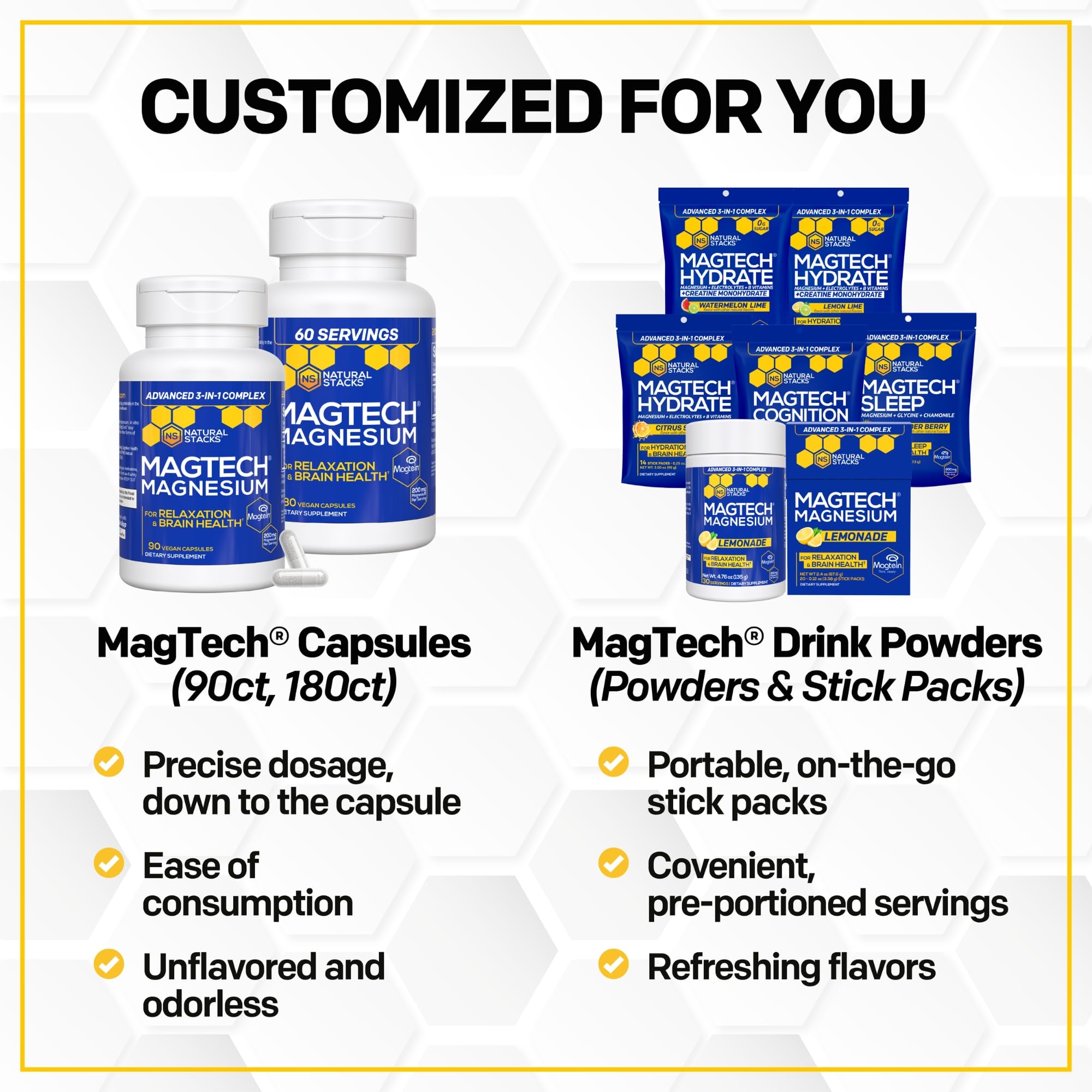 MagTech Magnesium Supplement - 3 Forms of Magnesium: Magtein L-Threonate, Glycinate & Taurate - 200mg Chelated Magnesium Complex