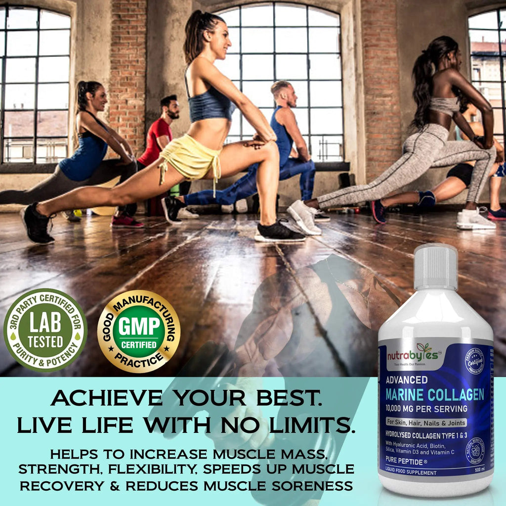 Marine Collagen Liquid 10000mg Sugar Free, Hydrolysed Peptides | Hyaluronic Acid, Biotin, Silica, Vitamin C, Vitamin D3 NUTRABYTES Au supplements