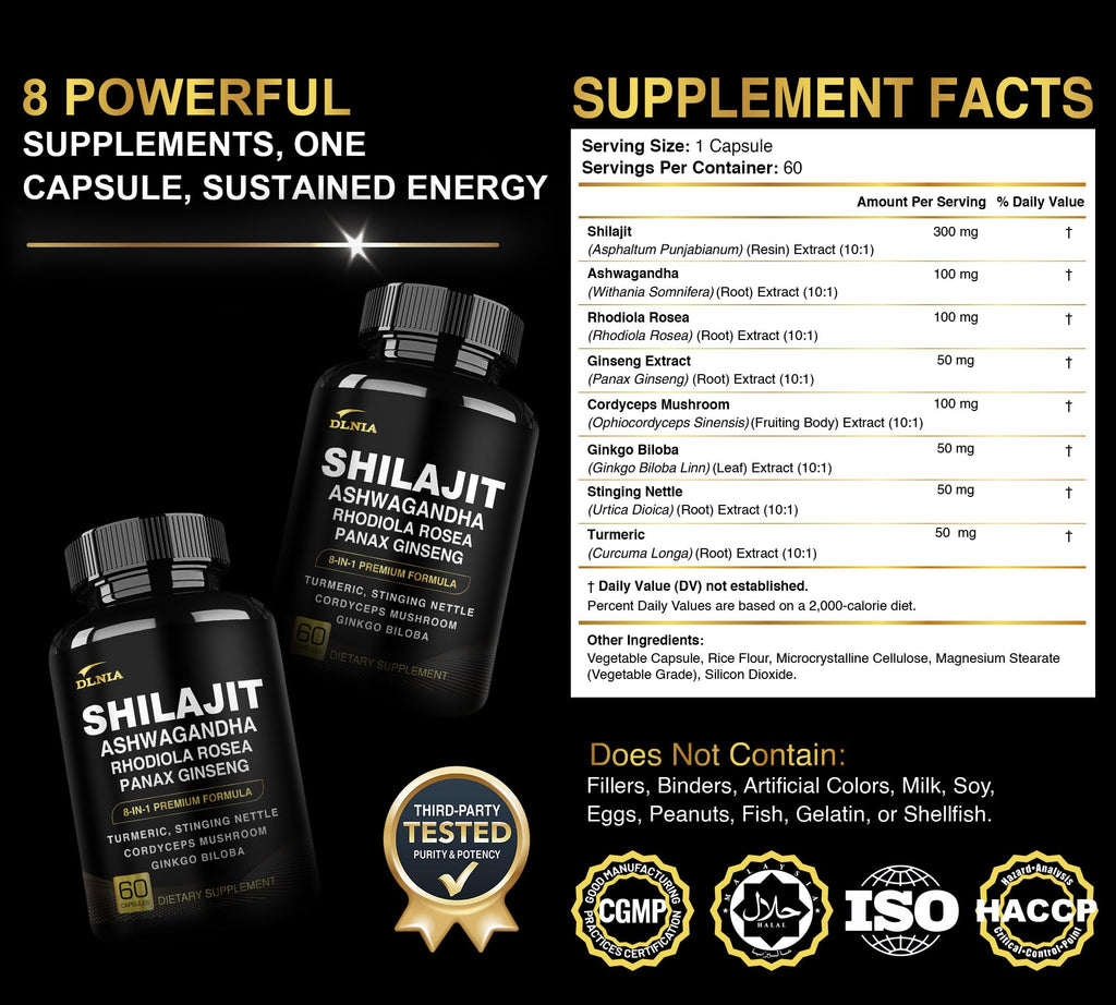 DLNIA 8-in-1 Shilajit for Men & Women with Ashwaganda Himalayan Organic Supplement with Rhodiola Rosea, Ginseng, Turmeric, Mushroom, for Immune Support, Energy, Calm, Focus, Clarity, Sleep, Cortisol DLNIA Au supplements