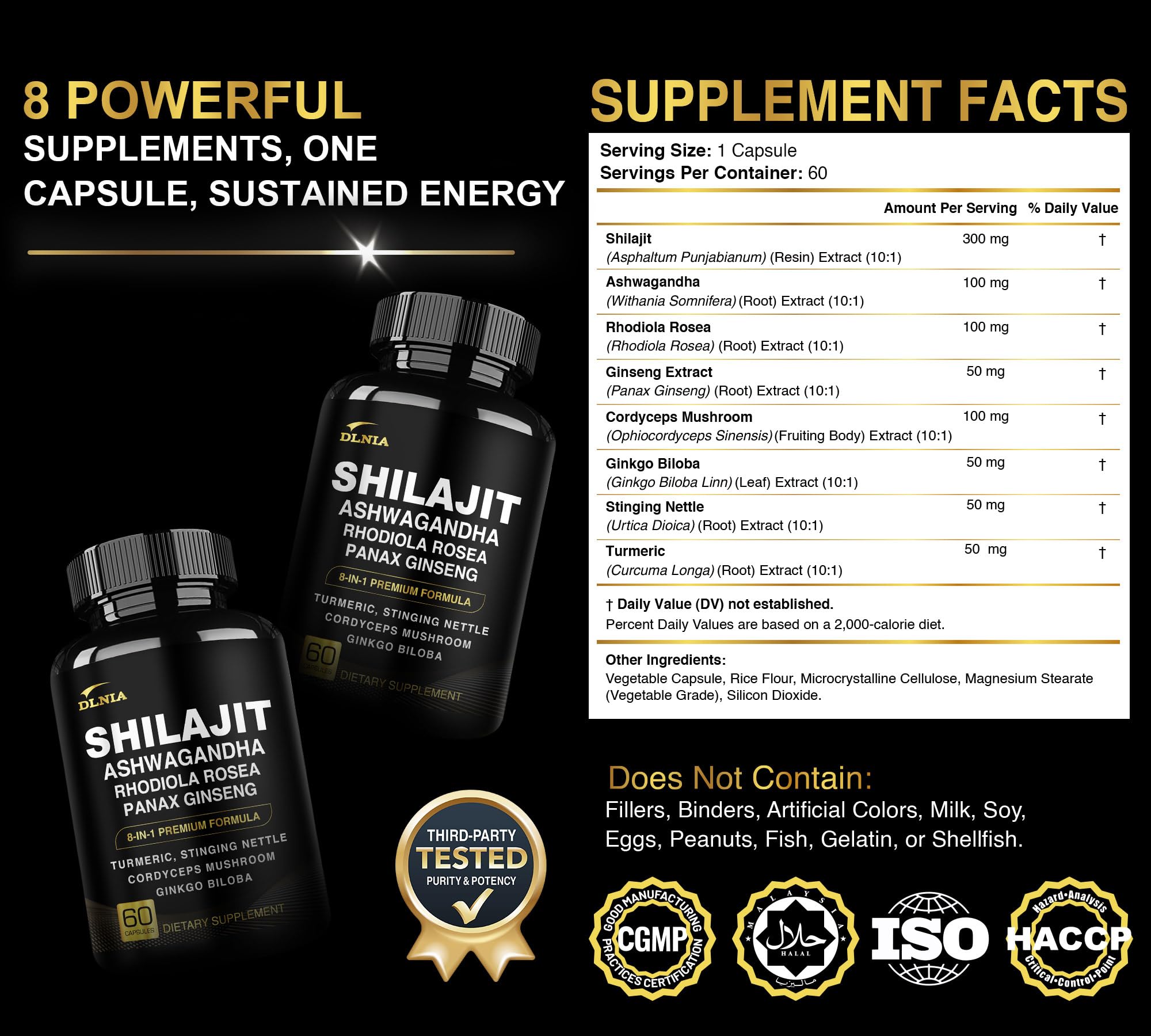 DLNIA 8-in-1 Shilajit for Men & Women with Ashwaganda Himalayan Organic Supplement with Rhodiola Rosea, Ginseng, Turmeric, Mushroom, for Immune Support, Energy, Calm, Focus, Clarity, Sleep, Cortisol DLNIA Au supplements