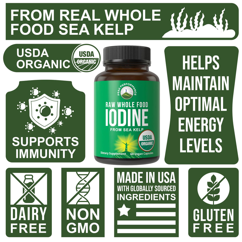 USDA Organic Raw Whole Food Iodine Supplement from Kelp (Ascophyllum Nodosum) - Potassium Iodide Tablets Alternative - for Thyroid, Energy, and Immune Support - 60 Vegan Capsules by Peak Performance Peak Performance Au supplements