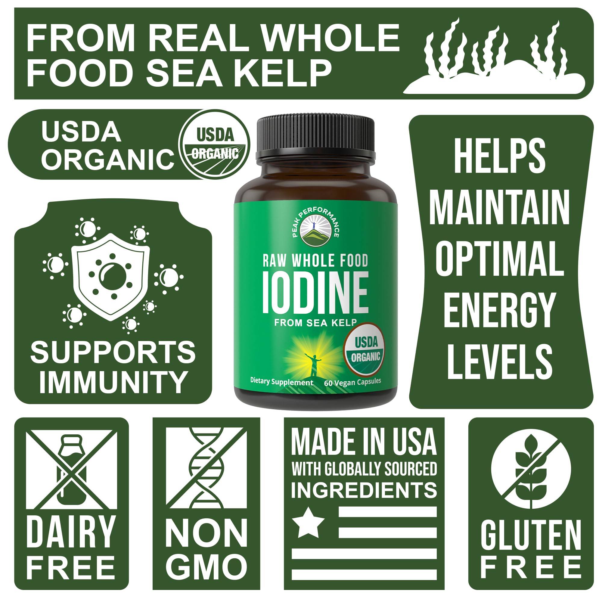 USDA Organic Raw Whole Food Iodine Supplement from Kelp (Ascophyllum Nodosum) - Potassium Iodide Tablets Alternative - for Thyroid, Energy, and Immune Support - 60 Vegan Capsules by Peak Performance Peak Performance Au supplements