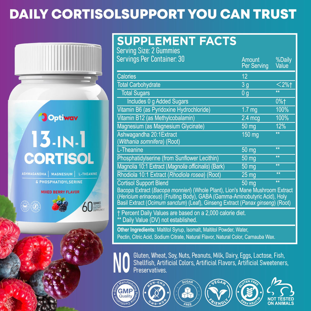 Optiwav Cortisol Reducer Gummies for Women Men - 13-in-1 Daily Cortisol Detox Manager Supports Stress Mood Balance Focus & Health Balance - Reduce High Cortisol with Ashwagandha Magnesium L-Theanine Optiwav Au supplements