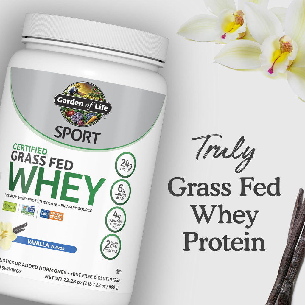 Garden of Life Sport Grass Fed Whey Protein Powder – 24g Whey Protein Isolate for Women & Men with Probiotics & Glutamine, Non-GMO, Gluten-Free, Cold-Processed, Vanilla Flavor, 20 Servings