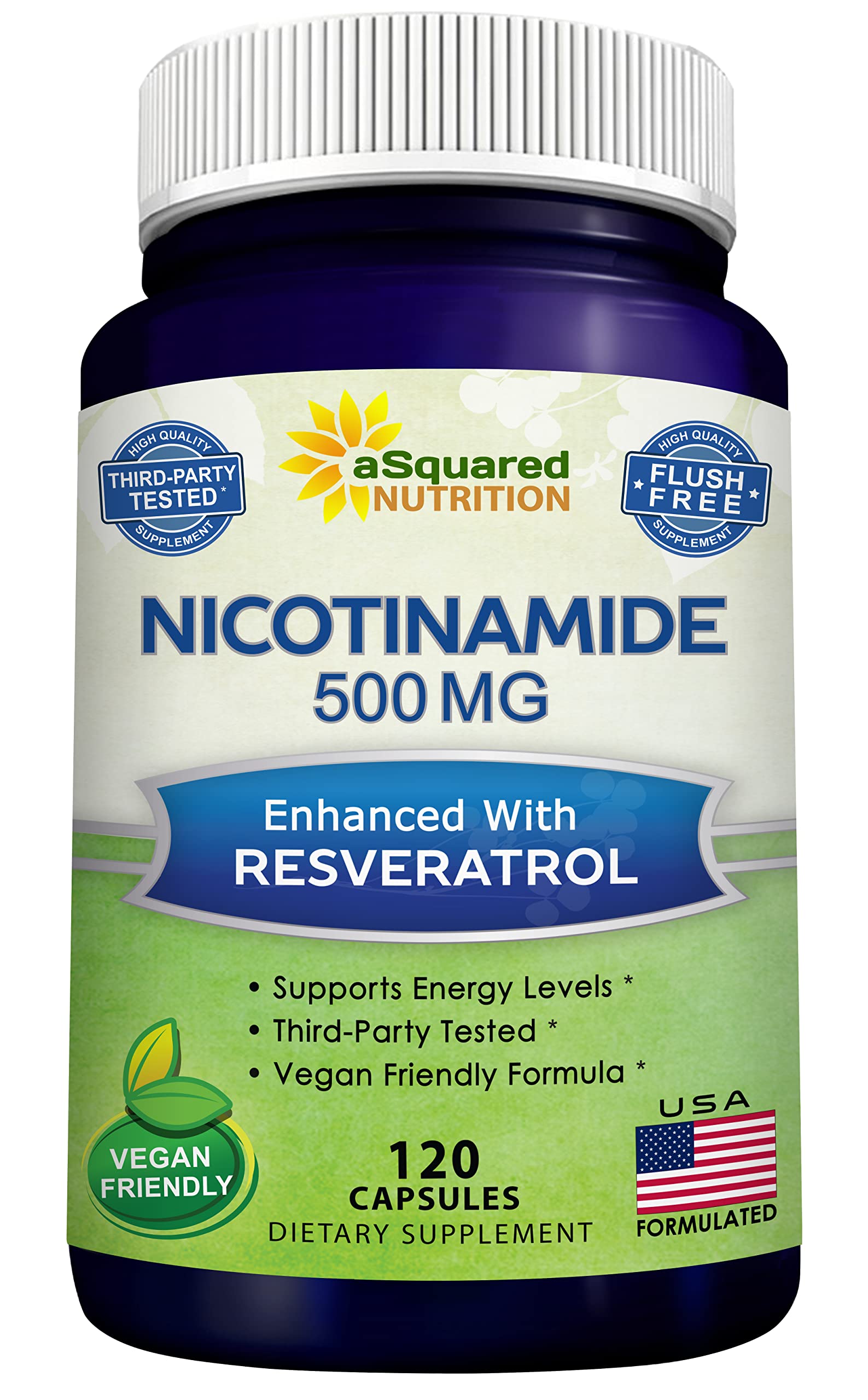 aSquared Nutrition Nicotinamide with Resveratrol - 120 Veggie Capsules - Vitamin B3 500mg (Niacinamide Flush Free) - Supplement Pills to Support NAD, Skin Cell Health & Energy aSquared Nutrition Au supplements