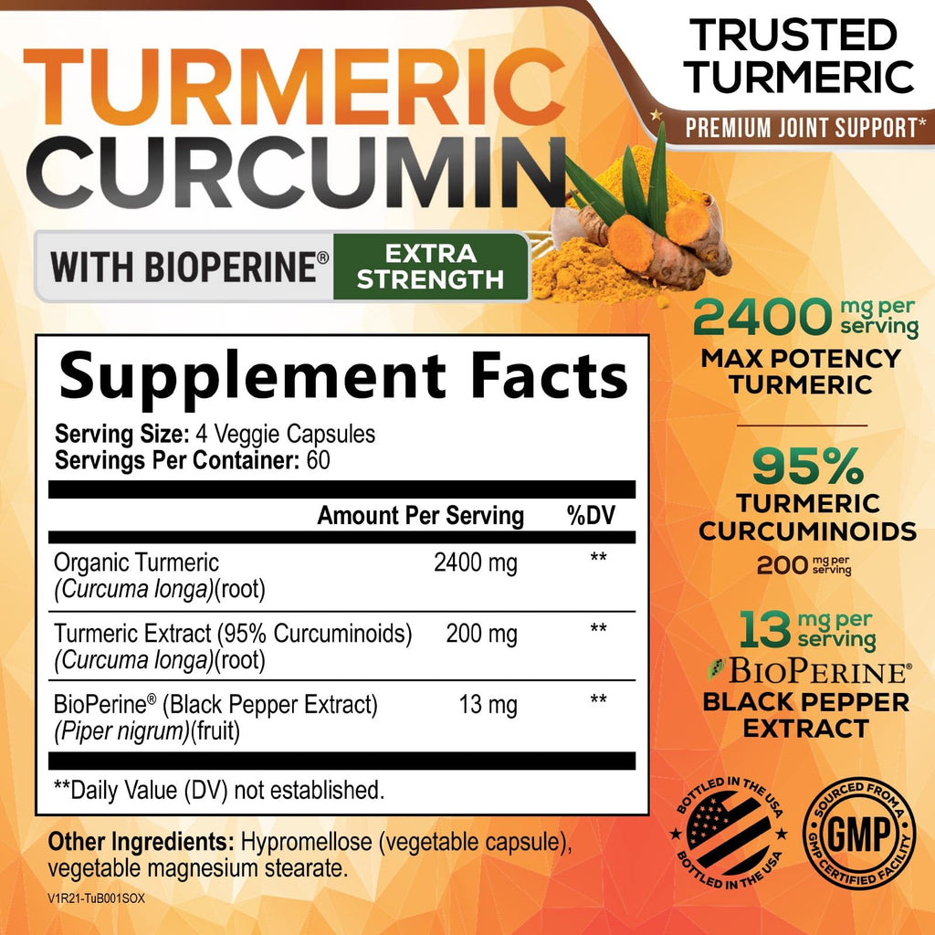 Turmeric Curcumin Supplement - 2400mg Organic Turmeric Per Serving - 95% Curcuminoids & BioPerine Black Pepper Extract for Best Absorption - Natural Vegan Joint Support