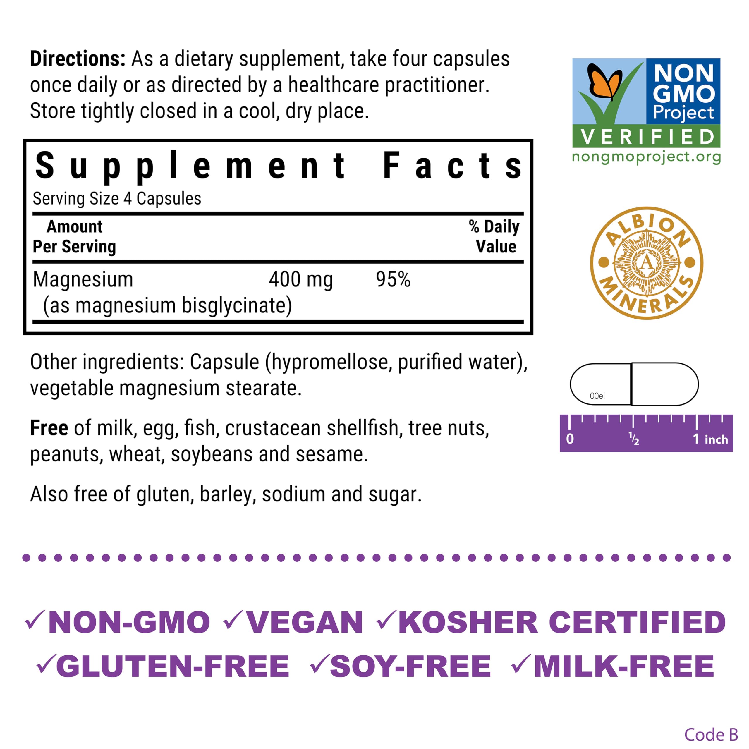 Bluebonnet Nutrition Magnesium Glycinate 400mg Maximum Absorption Mineral Complex Supports Energy Production & Enzyme Function - Non-GMO