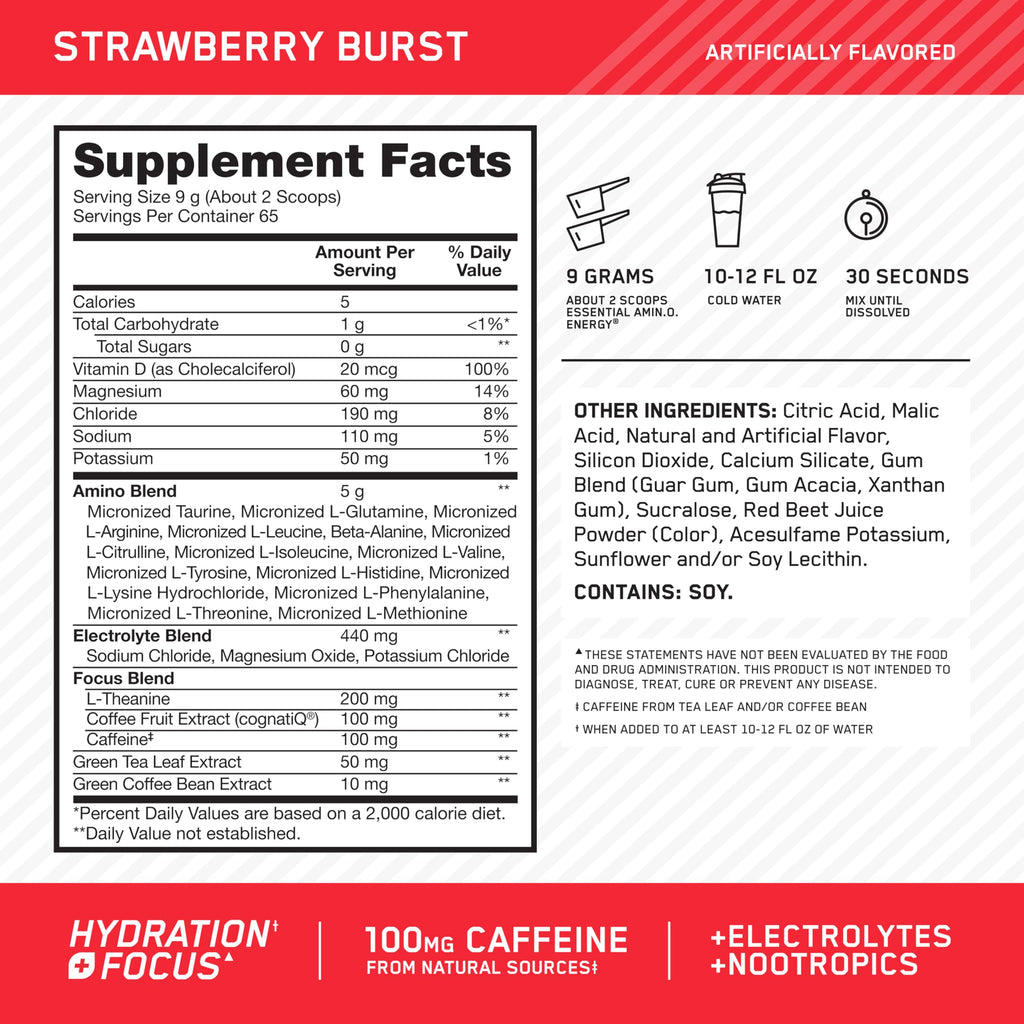 Optimum Nutrition Amino Energy Powder Plus Focus, with BCAA, Electrolytes, and Caffeine, Strawberry Burst, 65 Servings Optimum Nutrition Au supplements